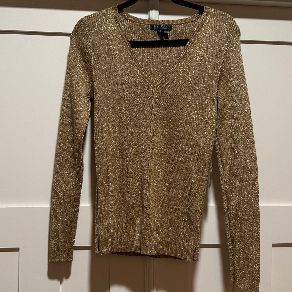 LAUREN RALPH LAUREN GOLD METALLIC V-NECK LONG SLEEVE SWEATER sz L NWT
